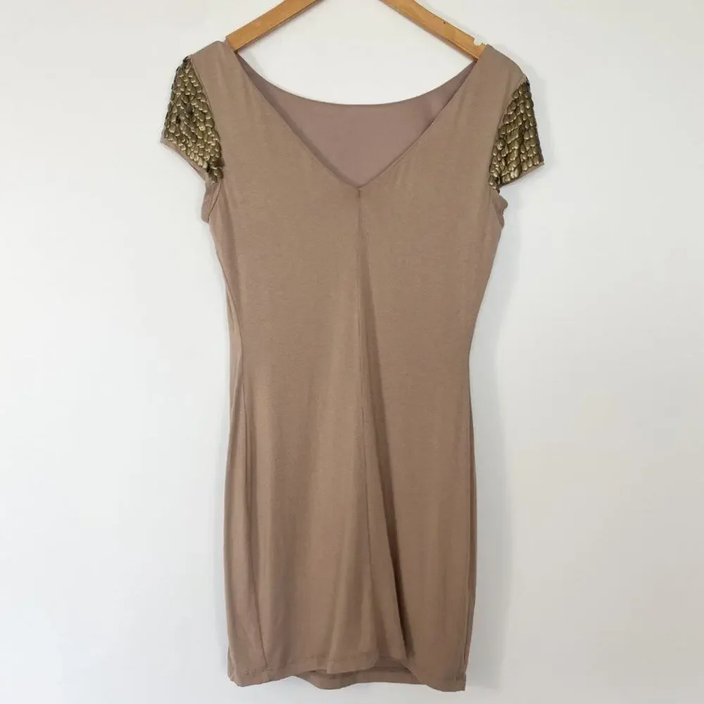 Forever 21 Metal Teardrop Embellished Taupe Nude Jersey Knit Bodycon Mini Dress